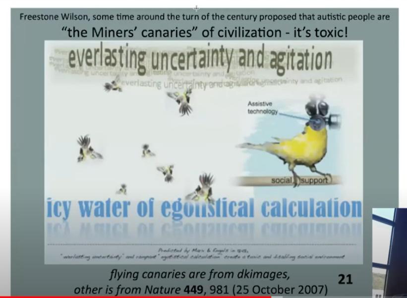 Illustration: "Freestone Wilson schlug irgendwann um die Jahrhundertwende vor, dass autistische Menschen "Kanarienvögel der Bergleute" der Zivilisation sind - es ist giftig!" Bild unten liest "ewige Unsicherheit und Unruhe" und dann "eisiges Wasser der egoistischen Berechnung". Mehrere fliegende Kanarienvögel werden gezeigt ("von dkimages") und ein Kanarienvogel sitzt auf einem Ast mit der Aufschrift "soziale Unterstützung" und trägt eine Gasmaske mit der Aufschrift "assistive technology".