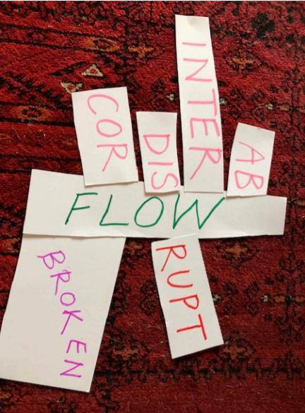 Das Wort FLOW setzt sich auf der einen Seite über "cor", "dis", "inter" und "ab" und auf der anderen Seite über "rupt". Darunter wird "Broken" angezeigt.