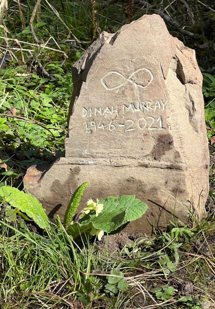 A rough stone in a wood, engraved with an infinity symbol and the text 'DINAH MURRAY 1946-2021'.