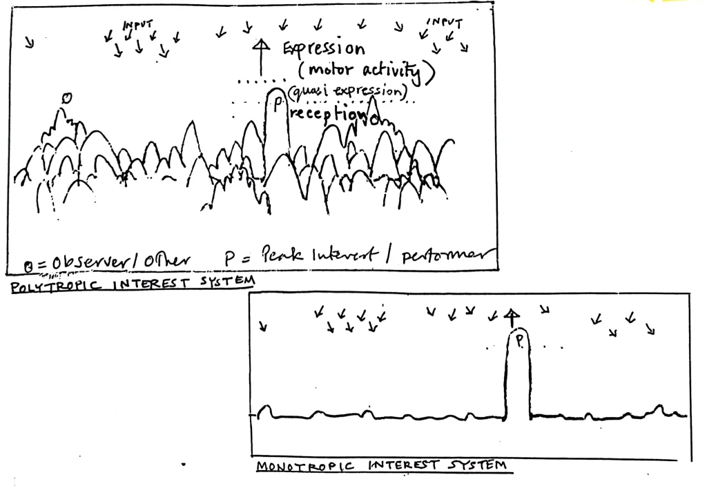 Hand-drawn illustrations of a polytropic interest system, and a monotropic one. Both show various inputs, and expressions (motor activity), and a peak interest/performer. In the monotropic diagram, there is little else; on the polytropic side, there is a cluster of interests around an 'observer/other', and many other smaller interests aroused to varying degrees. 