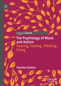 The Psychology of Music and Autism 's book cover has a leaf pattern design, and shows that it is part of 'Palgrave Pivot' and has the subtitle 'Hearing, Feeling, Thinking, Doing'.